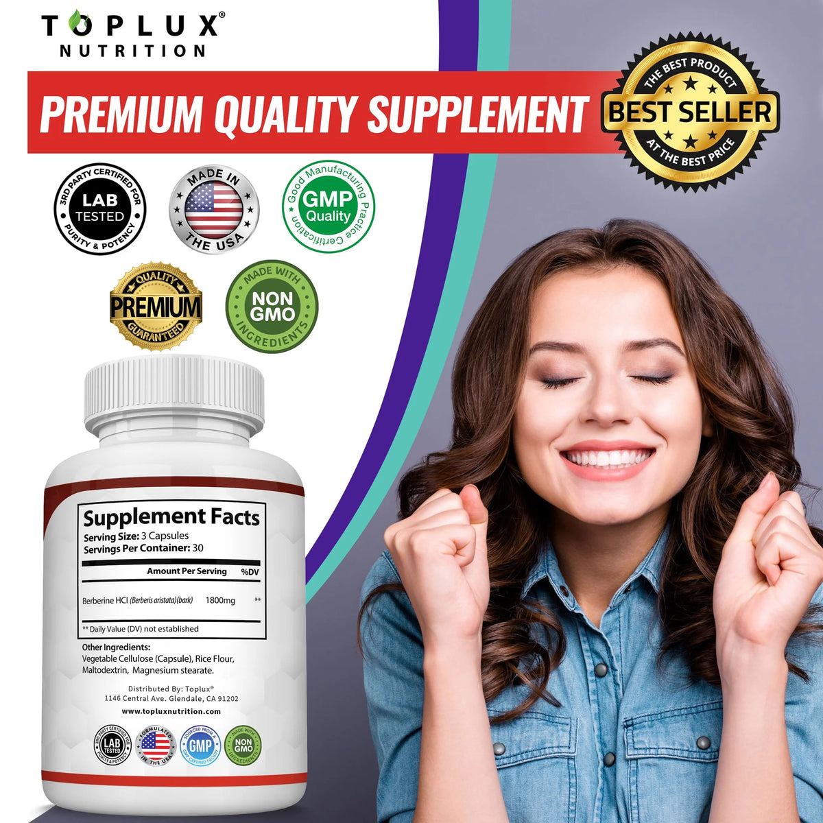 Berberine Supplement 1800Mg Pure Berberine Hcl Supports Healthy Levels 90 Capsules