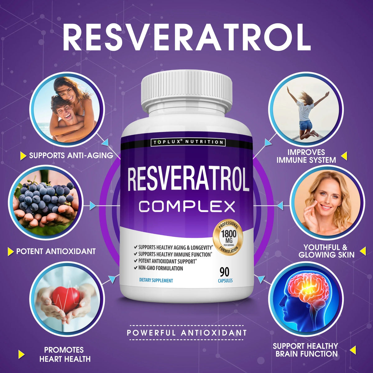 Resveratrol Supplement 1800Mg Trans-Resveratrol for Antioxidant Anti-Aging Support 90 Capsules
