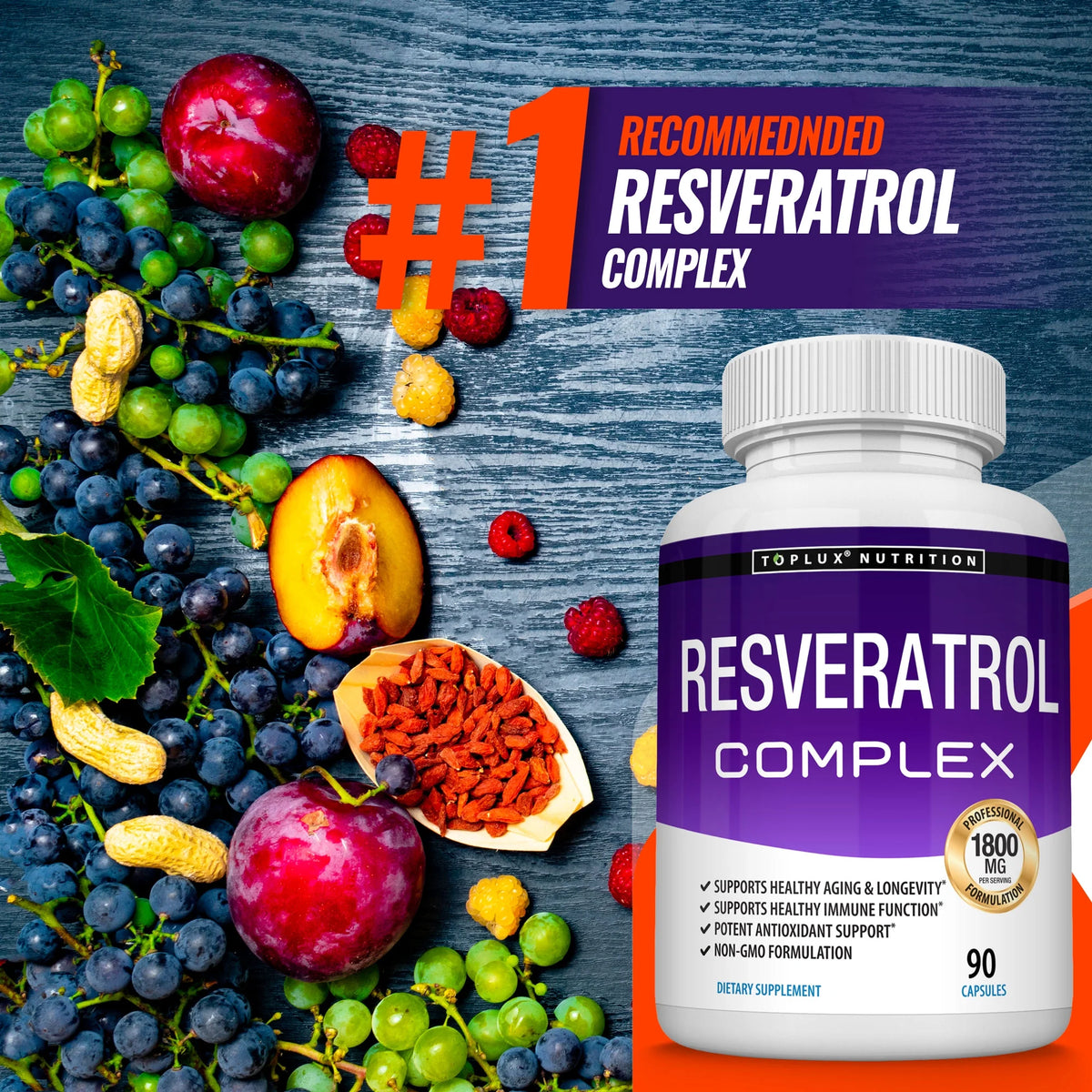 Resveratrol Supplement 1800Mg Trans-Resveratrol for Antioxidant Anti-Aging Support 90 Capsules